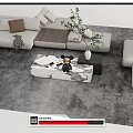 Modern Sofa Coffee Table Combination With Light Colored Cushions Marble Top And Decorative Plants 3d model