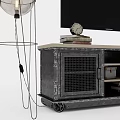 Vintage Industrial TV Stand With Metal Mesh Doors Wheels Floor Lamps And Decorative Clock