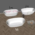White Freestanding Bathtubs With Petals Faucets And Wooden Floor Slippers