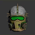 Spiked Metallic Helmet With Green Goggles Gas Mask Components And Yellow Accents