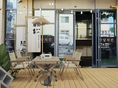 Outdoor Café Entrance With Wooden Deck Table Chairs Green Plants And Korean Signs 3d model