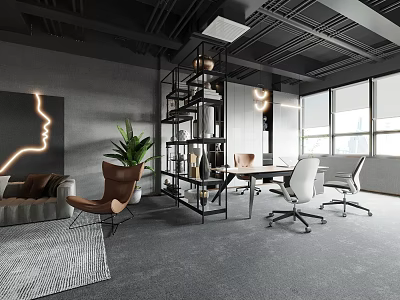 Modern Office Interior With Gray Walls Black Metal Shelving Large Plant Sofa And White Chairs 3d model