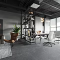 Modern Office Interior With Gray Walls Black Metal Shelving Large Plant Sofa And White Chairs
