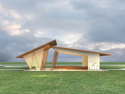 Modern Architectural Post Station With Wooden Roof And Open Pavilion Design 3d model