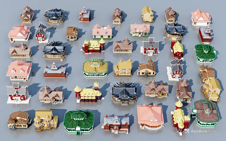 Ancient Building Miniature Models with Diverse Architectural Styles and Colorful Traditional Designs 3d model 