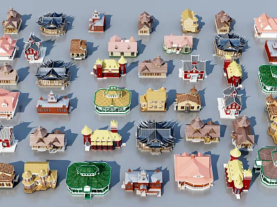 Ancient Building Miniature Models with Diverse Architectural Styles and Colorful Traditional Designs 3d model