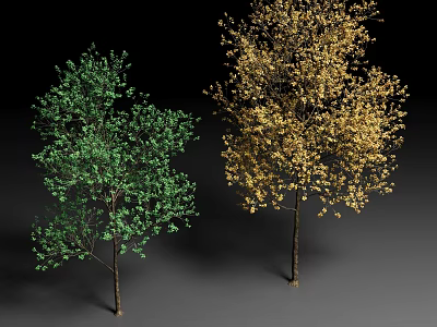 Two Arbor Trees With Lush Green And Golden Yellow Leaves Standing On Dark Background 3d model
