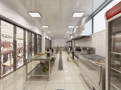Modern Commercial Kitchen With Stainless Steel Workbenches Refrigeration Units And Cabinets 3d model
