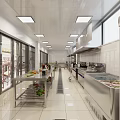 Modern Commercial Kitchen With Stainless Steel Workbenches Refrigeration Units And Cabinets