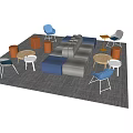 Modern Modular Sofa and Coffee Table Set with Multicolored Chairs and Stools on Gray Rug 3d model