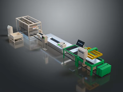 Automated Material Handling System With Conveyor Belt Workbench Control Unit And Green Frame 3d model