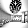 Hotel Lobby Interior Featuring Wavy Ceiling Large Chandelier and Marble Floor Seating Area 3d model