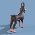 Cartoon Doberman 3D Model Black Brown Coat Standing With Erect Ears Open Mouth Blue Background 3d model