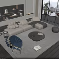 Modern Living Room Beige Sectional Sofa And Black Round Coffee Table Set With Decorative Pillows
