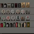 Traditional Tea Sets Display with Assorted Tea Tins and Round Tea Cakes on Shelves