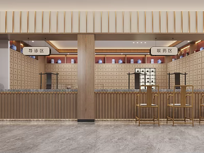 Traditional Chinese Medicine Shop Interior With Wooden Cabinets Counter And Labels 3d model