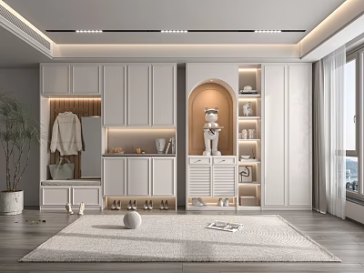Modern White Shoe Cabinet Interior Design With Storage Space And Clothing Rack 3d model