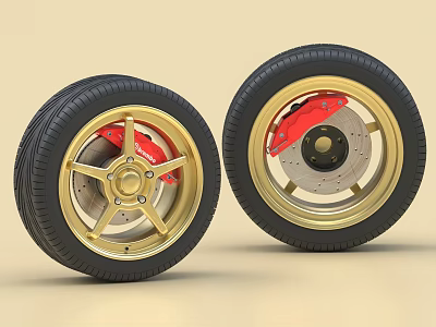Car Tires With Gold Alloy Wheels And Red Brake Calipers 3d model