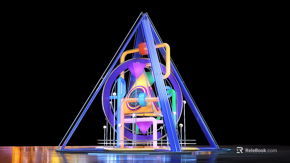 Vibrant Abstract Mechanical Sculpture Featuring Blue Triangular Frame Circular Elements And Reflective Base 3d model