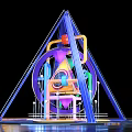 Vibrant Abstract Mechanical Sculpture Featuring Blue Triangular Frame Circular Elements And Reflective Base 3d model