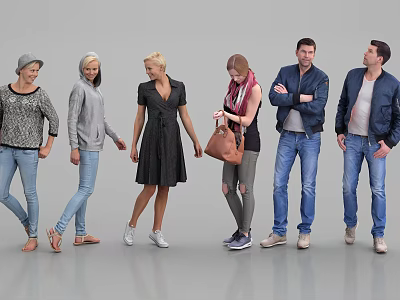 Group of People in Different Casual Outfits Standing on Gray Floor 3d model