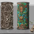 Carved Dragon Columns And Colorful Dragon Patterned Columns In Indoor Setting With Potted Plants