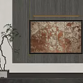 Decorative Painting On Dark Wooden Wall With Golden Brown Texture And Green Plant White Planter