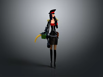 Military Female Character With Black Hat Red Scarf Holding Green Yellow Object And Long Boots 3d model