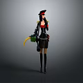 Military Female Character With Black Hat Red Scarf Holding Green Yellow Object And Long Boots
