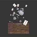 Tabletop Scene With Wooden Surface Floating Teapot Teacup And Scattered Playing Cards