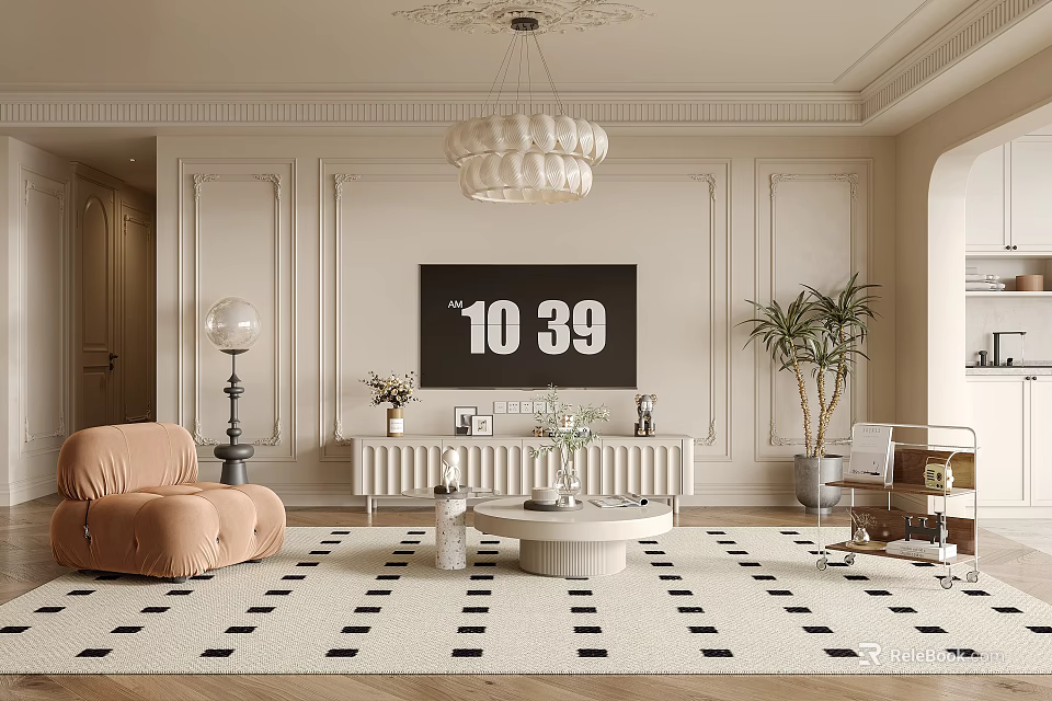 Beige Living Room Interior Design With Decorative Ceiling Chandelier TV Plant Sofa And Rug 3d model 