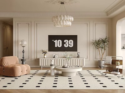 Beige Living Room Interior Design With Decorative Ceiling Chandelier TV Plant Sofa And Rug 3d model