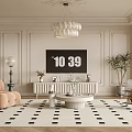Beige Living Room Interior Design With Decorative Ceiling Chandelier TV Plant Sofa And Rug