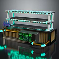 Multi Layered Futuristic Tech Component With Glowing Light Strips Shelves Pipes And Green Data Screen