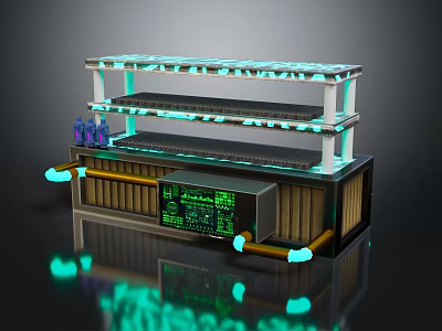 Multi Layered Futuristic Tech Component With Glowing Light Strips Shelves Pipes And Green Data Screen 3d model