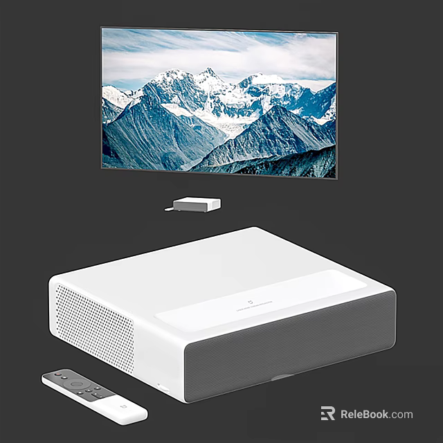 Smart TV Displaying Snowy Mountain Landscape With White Streaming Device And Remote 3d model 