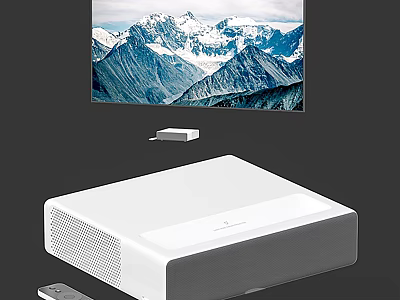 Smart TV Displaying Snowy Mountain Landscape With White Streaming Device And Remote 3d model