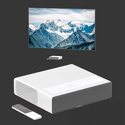 Smart TV Displaying Snowy Mountain Landscape With White Streaming Device And Remote 3d model