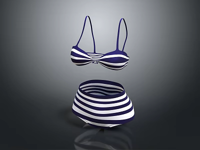 Trendy Blue And White Striped Bikini Top With High Waist Swim Bottom Set 3d model