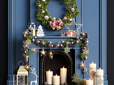 Holiday Christmas Decorative Ornament Set With Fireplace Wreath Star Decorations Candles Lantern And Deer Figurine 3d model