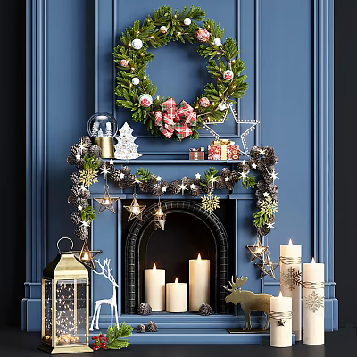 Holiday Christmas Decorative Ornament Set With Fireplace Wreath Star Decorations Candles Lantern And Deer Figurine 3d model