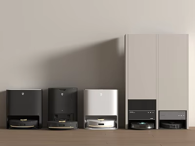 Modern Smart Machines Lined Up with Various Colors on Wooden Floor for Home Living 3d model