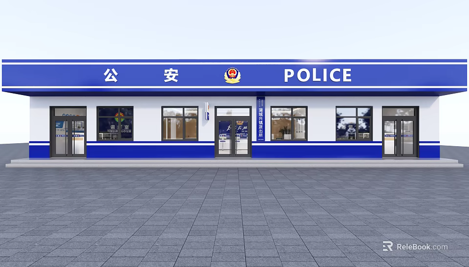 Modern Police Service Hall With Blue White Exterior Entrance Windows And Public Service Signage 3d model 