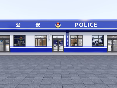 Modern Police Service Hall With Blue White Exterior Entrance Windows And Public Service Signage 3d model