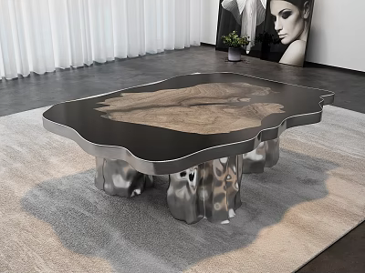 Modern Coffee Table With Textured Wooden Top And Metallic Legs On Light Grey Rug 3d model