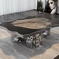 Modern Coffee Table With Textured Wooden Top And Metallic Legs On Light Grey Rug