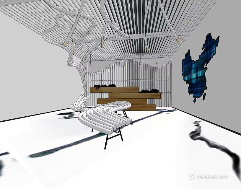 Modern Store Front Desk Design With Wooden Counter Blue Decorative Wall And Curved Seating 3d model 