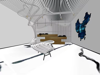 Modern Store Front Desk Design With Wooden Counter Blue Decorative Wall And Curved Seating 3d model