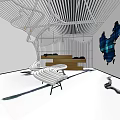 Modern Store Front Desk Design With Wooden Counter Blue Decorative Wall And Curved Seating