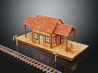 Wooden Train Station Exterior With Red Tile Roof Covered Platform And Railway Tracks 3d model